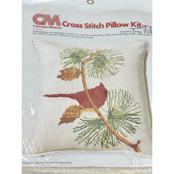 CM Columbia Minerva Erica Wilson Cross Stitch Pillow Kit Cardinal Branch VTG ‘77 - Picture 2 of 8